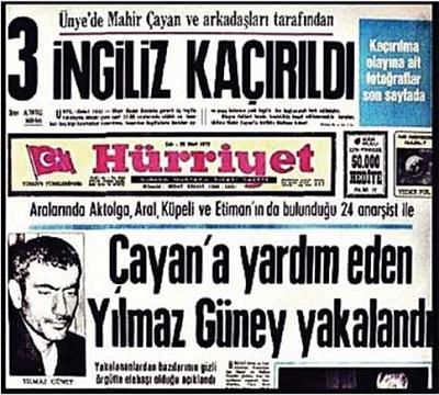 Ünye'de Mahir Çayan ve yoldaşlarının kaçırdıoğı 3 İngiliz'in Hürriyet'teki haberi